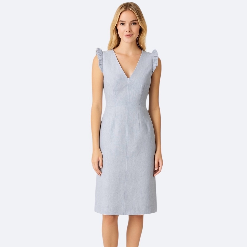 Rebecca Taylor Linen Ruffle Sleeve V-Neck Shift Dress Light Blue Size 4